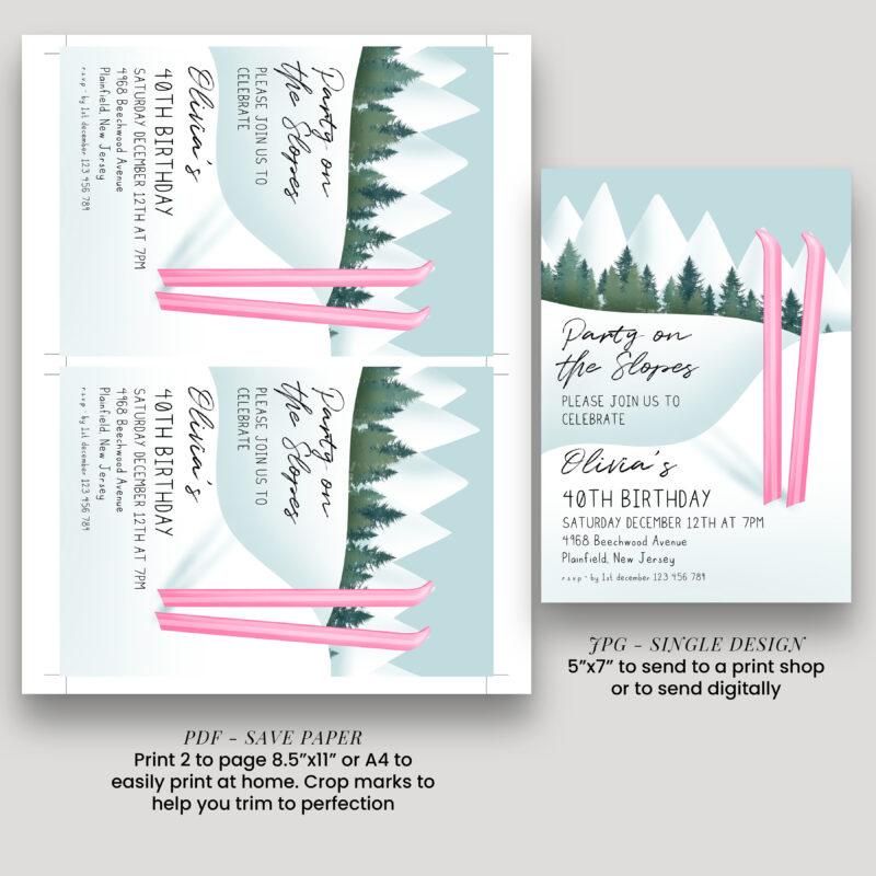 Party on the Slopes Invitation – Pink Ski Birthday Template Birthday Invitations
