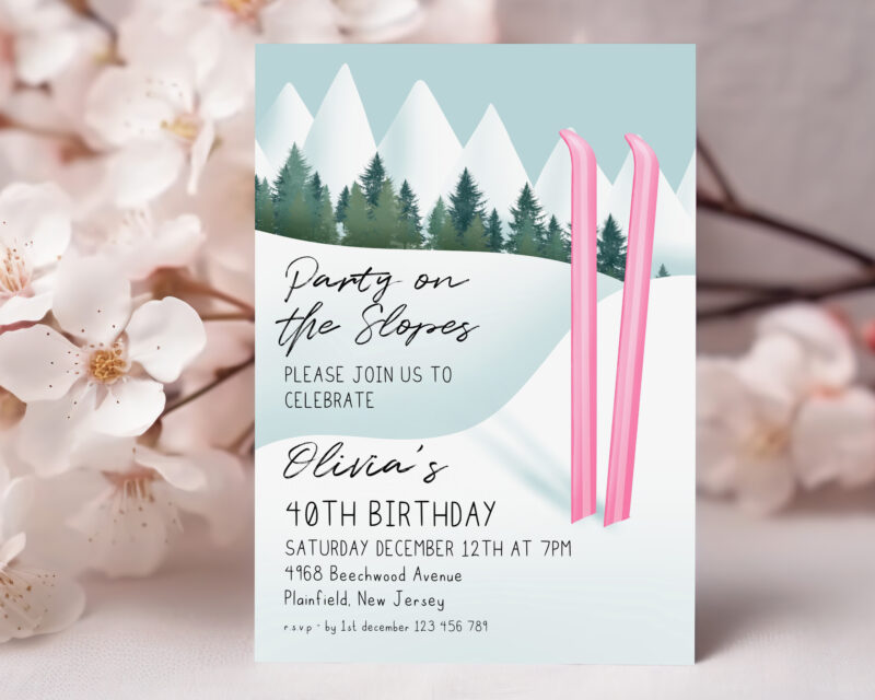 Party on the Slopes Invitation – Pink Ski Birthday Template Birthday Invitations