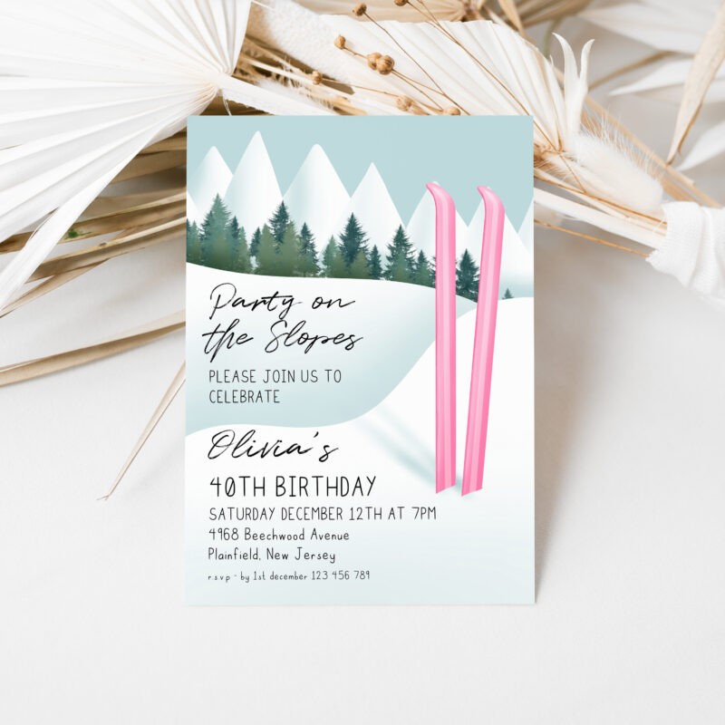 Party on the Slopes Invitation – Pink Ski Birthday Template Birthday Invitations