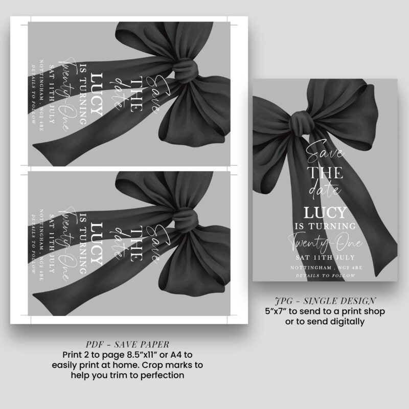 Black Bow Save the Date – 21st Birthday Invitation Bows