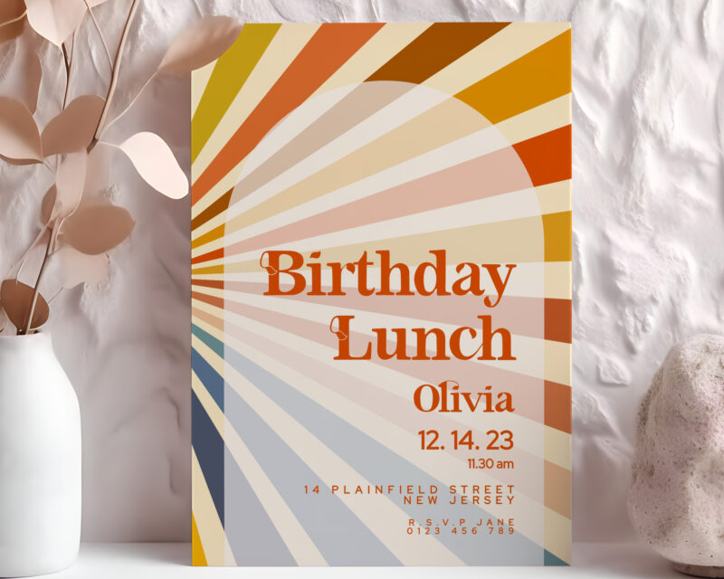 Retro Birthday Lunch Invitation + Details Card Birthday Invitations