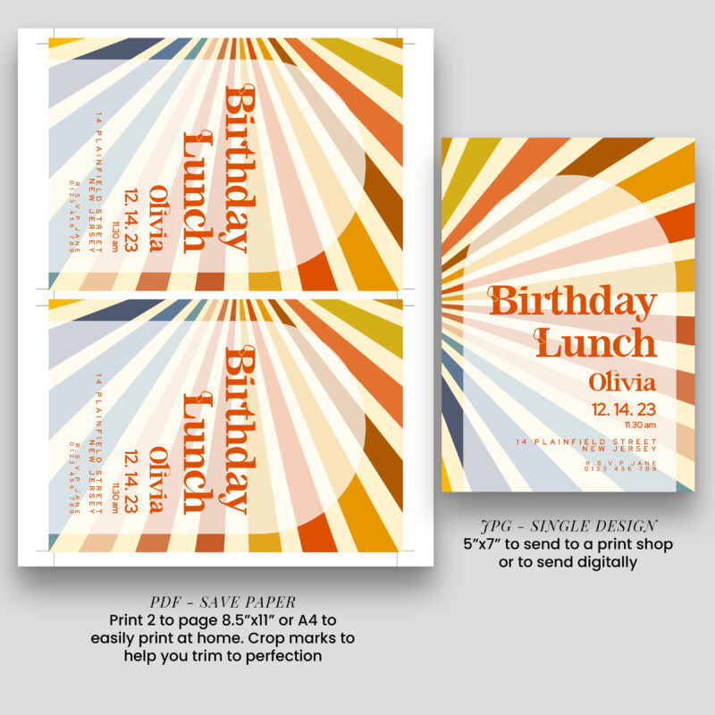 Retro Birthday Lunch Invitation + Details Card Birthday Invitations