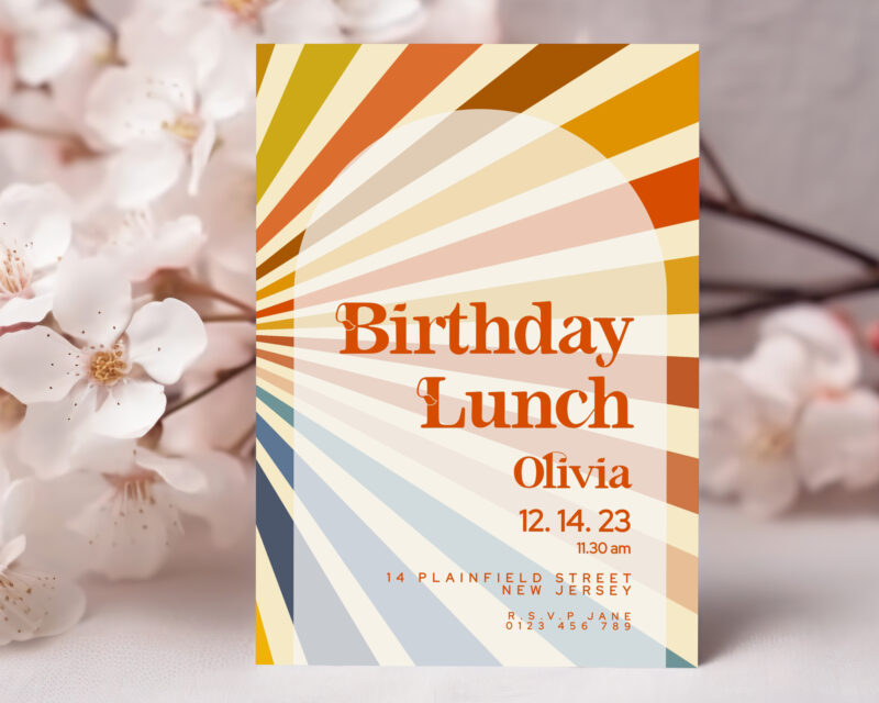 Retro Birthday Lunch Invitation + Details Card Birthday Invitations
