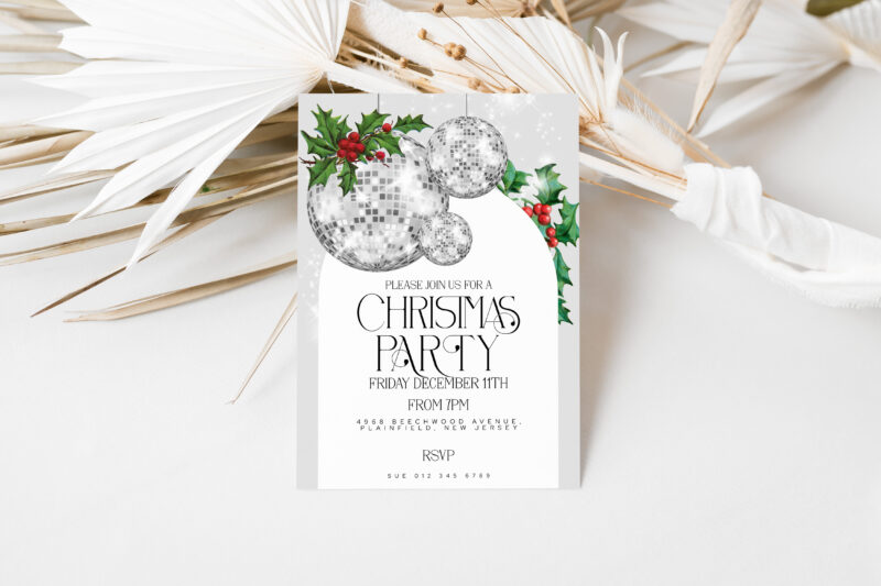 Silver Disco Ball Christmas Party Invite – Editable Template Christmas Invitations