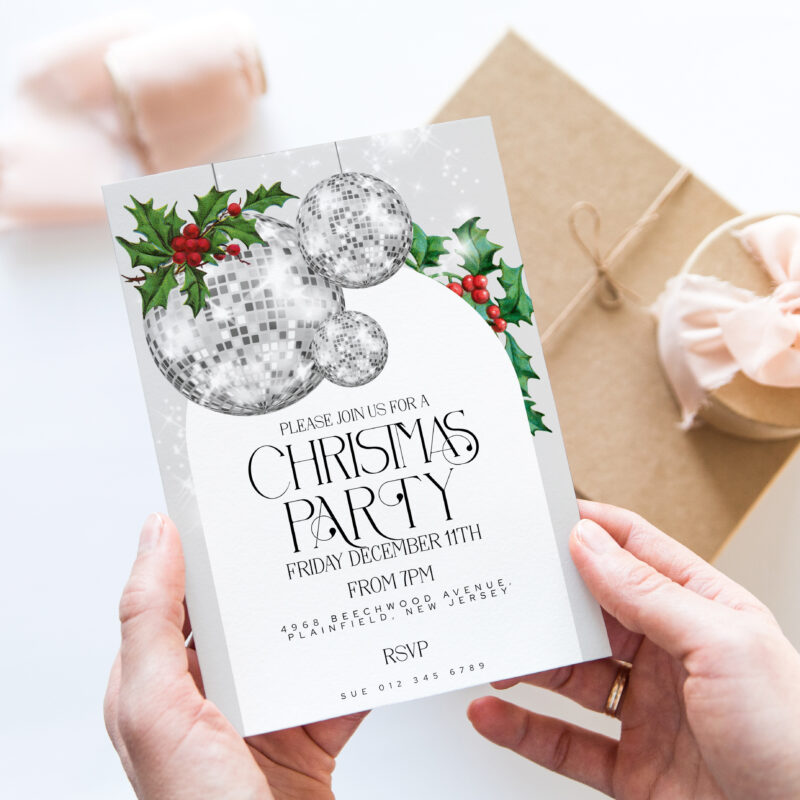 Silver Disco Ball Christmas Party Invite – Editable Template Christmas Invitations