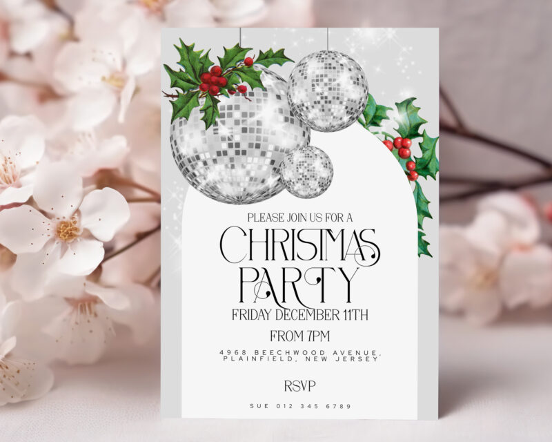 Silver Disco Ball Christmas Party Invite – Editable Template Christmas Invitations