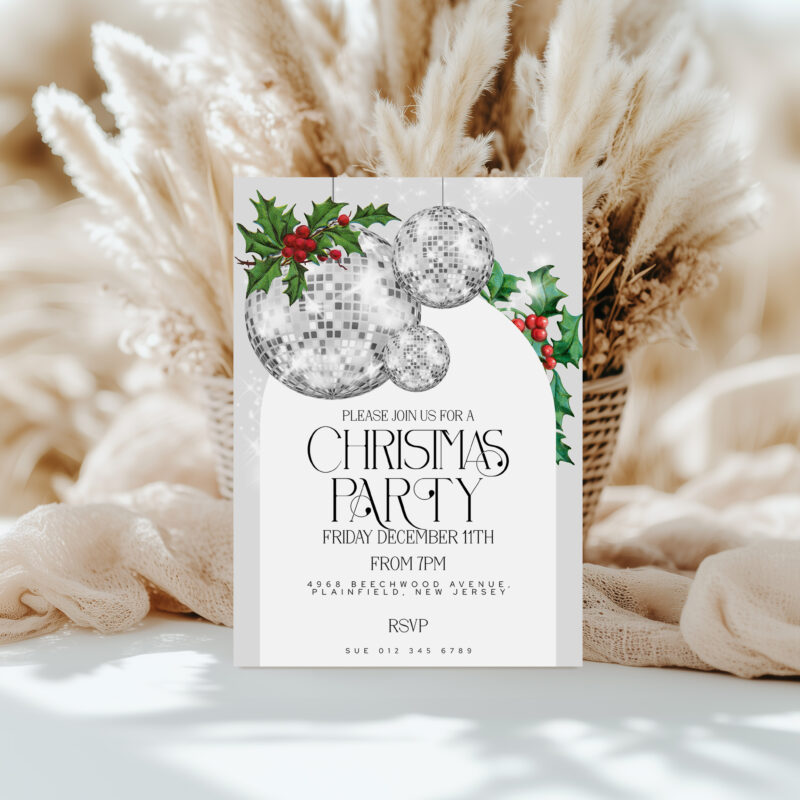 Silver Disco Ball Christmas Party Invite – Editable Template Christmas Invitations