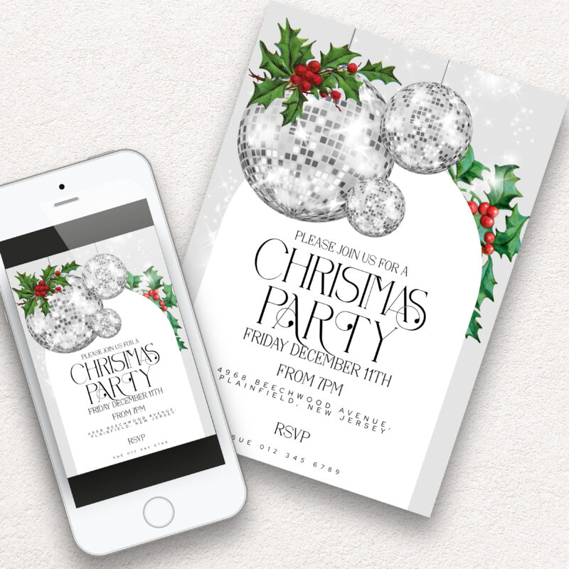 Silver Disco Ball Christmas Party Invite – Editable Template Christmas Invitations