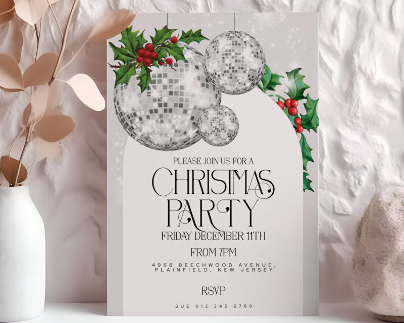 Silver Disco Ball Christmas Party Invite – Editable Template Christmas Invitations