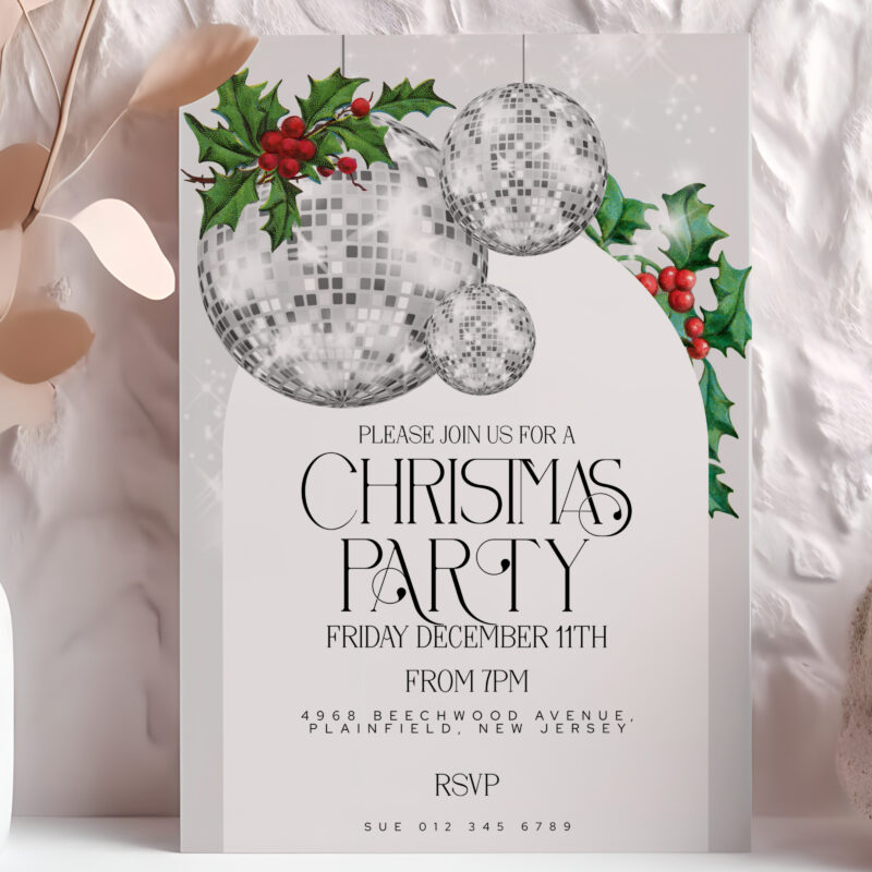 Editable Christmas invitation with silver disco balls and holly – digital party template
