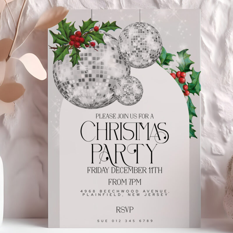 Silver Disco Ball Christmas Party Invite – Editable Template Christmas Invitations