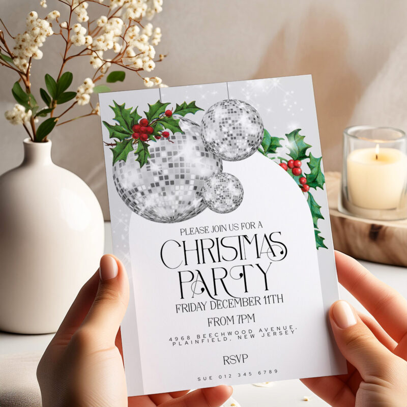 Silver Disco Ball Christmas Party Invite – Editable Template Christmas Invitations