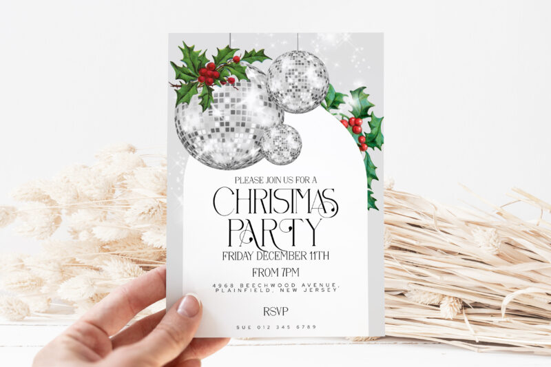 Silver Disco Ball Christmas Party Invite – Editable Template Christmas Invitations