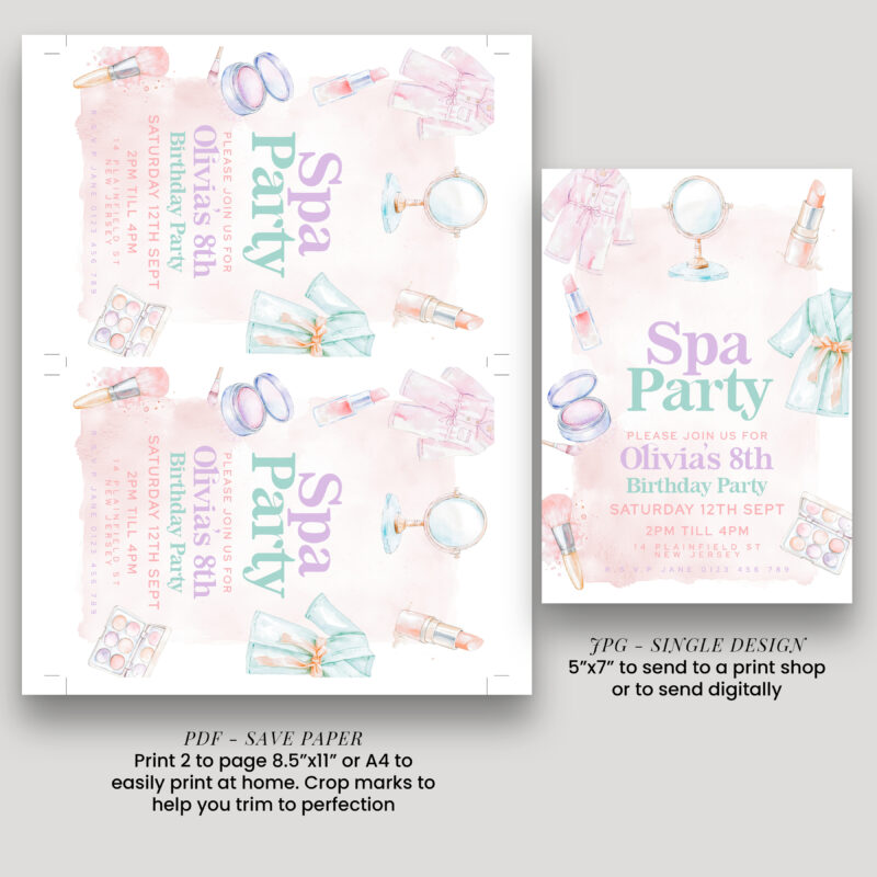 Editable Spa Party Birthday Invitation – Pink Watercolor Theme Children's Birthday Invitations