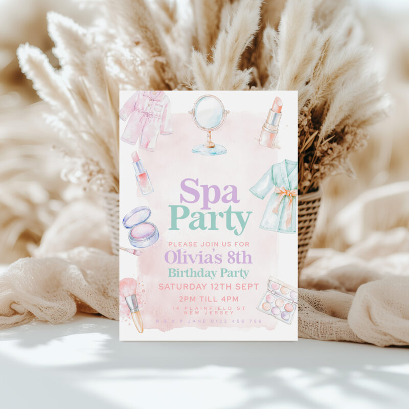 Editable Spa Party Birthday Invitation – Pink Watercolor Theme Children's Birthday Invitations