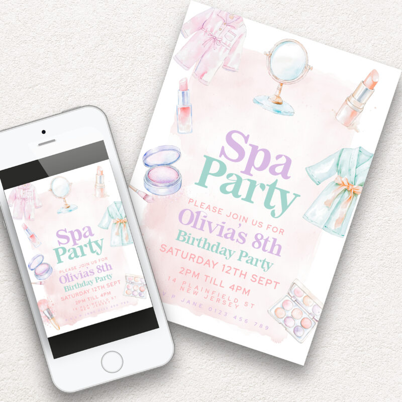 Editable Spa Party Birthday Invitation – Pink Watercolor Theme Children's Birthday Invitations