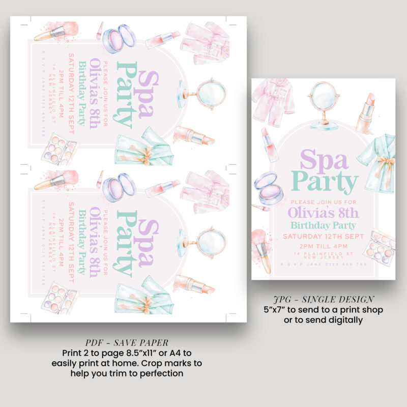 Spa Party Birthday Invitation – Editable Digital Template Children's Birthday Invitations