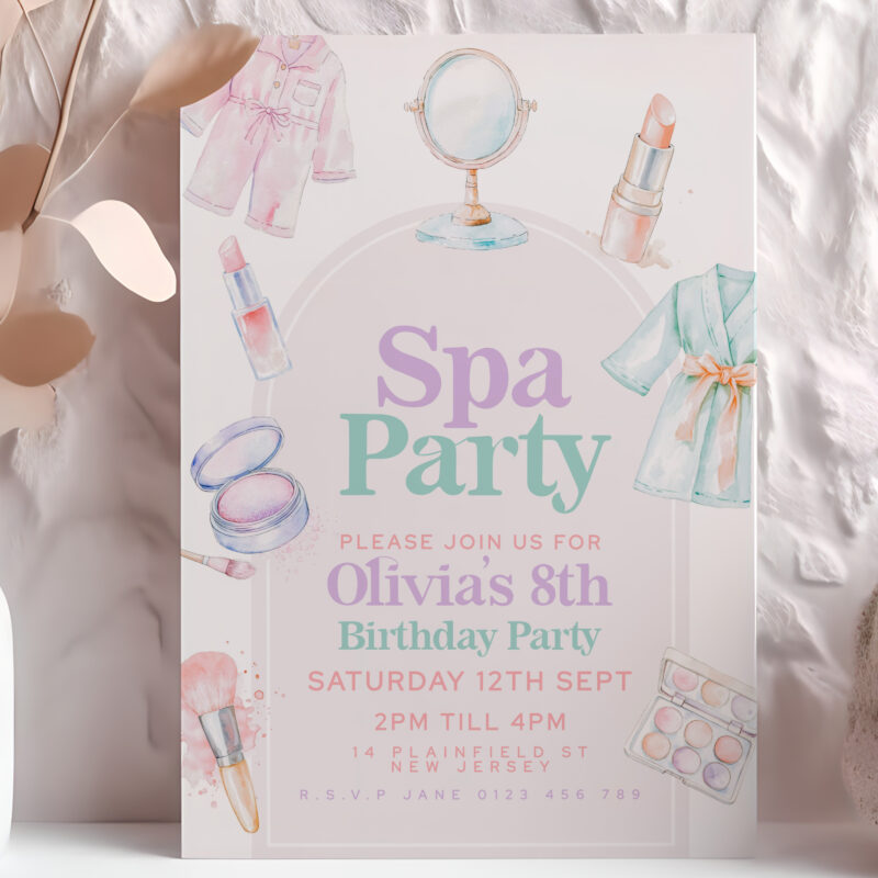 Editable spa birthday party invitation with makeup, robe, and mirror illustrations