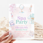 Editable pink spa party birthday invitation with makeup and robe illustrations