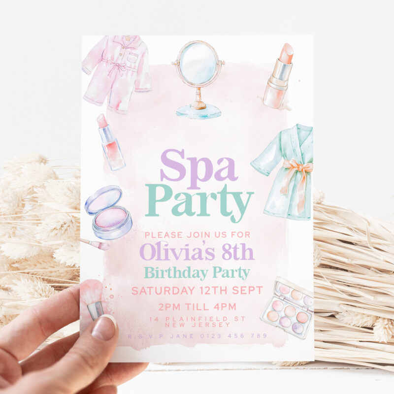 Editable pink spa party birthday invitation with makeup and robe illustrations