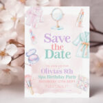 Pastel spa-themed Save the Date card for girl's 8th birthday with robes, makeup, and soft watercolor details