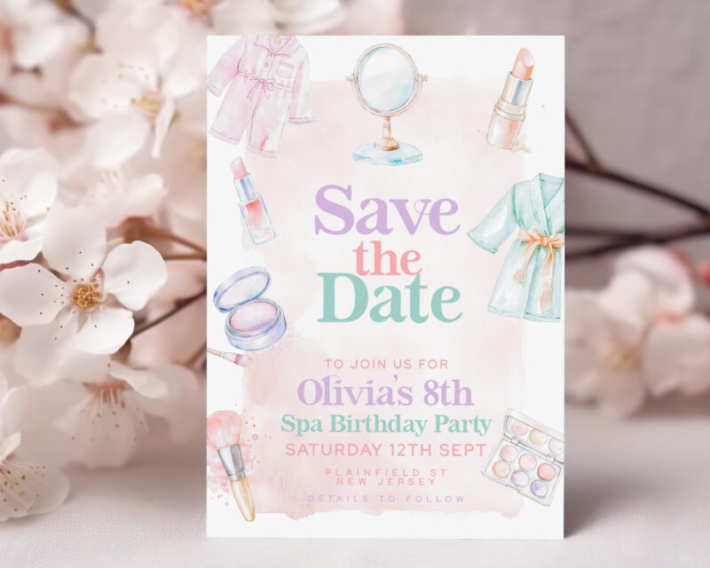 Pastel Spa Save the Date – 8th Birthday Card Save The Date