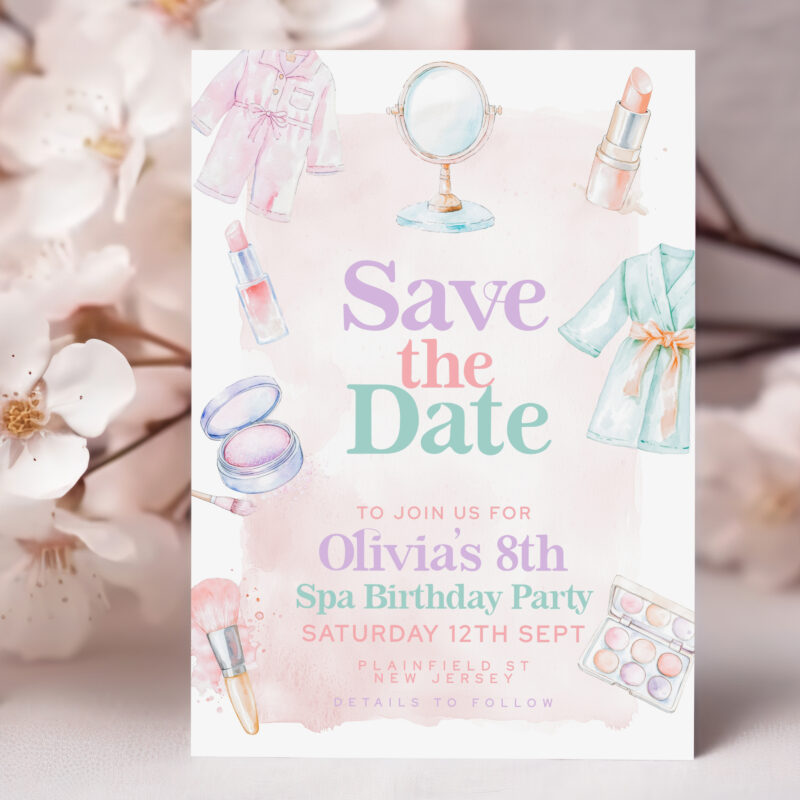 Pastel spa-themed Save the Date card for girl's 8th birthday with robes, makeup, and soft watercolor details