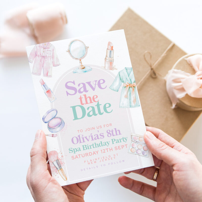 Editable Save the Date card for spa-themed 8th birthday party with robes, makeup, and pastel watercolors