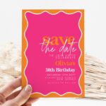 Modern Save the Date card with bold pink and orange wave design for 30th birthday party
