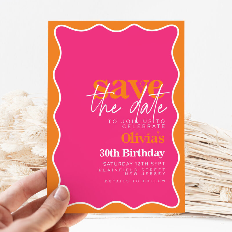 Modern Save the Date card with bold pink and orange wave design for 30th birthday party