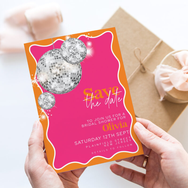 Disco Bridal Shower Save the Date – Pink & Orange Save The Date