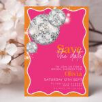 Bridal shower Save the Date card with silver disco balls and pink and orange wavy design