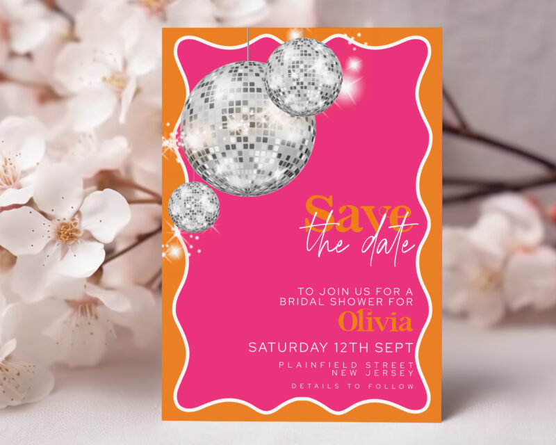 Disco Bridal Shower Save the Date – Pink & Orange Save The Date