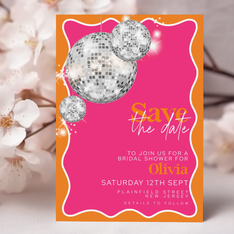 Bridal shower Save the Date card with silver disco balls and pink and orange wavy design