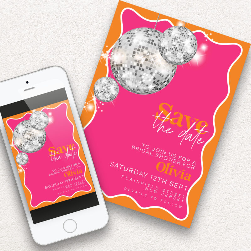 Disco Bridal Shower Save the Date – Pink & Orange Save The Date