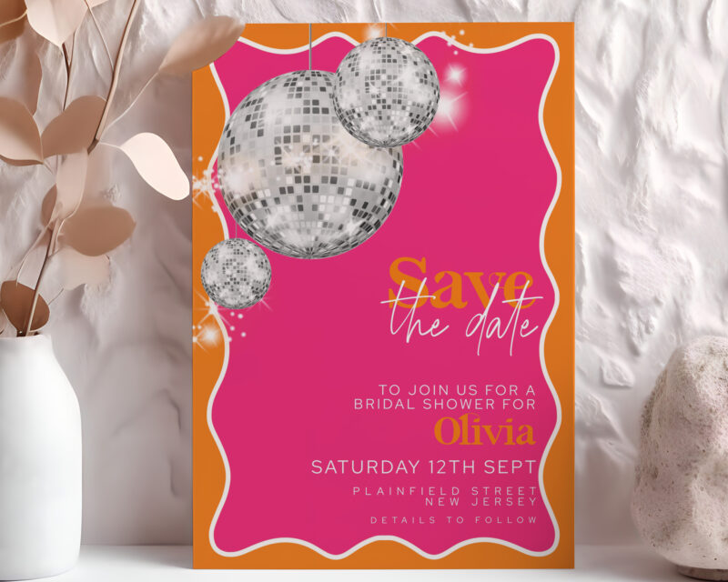 Disco Bridal Shower Save the Date – Pink & Orange Save The Date