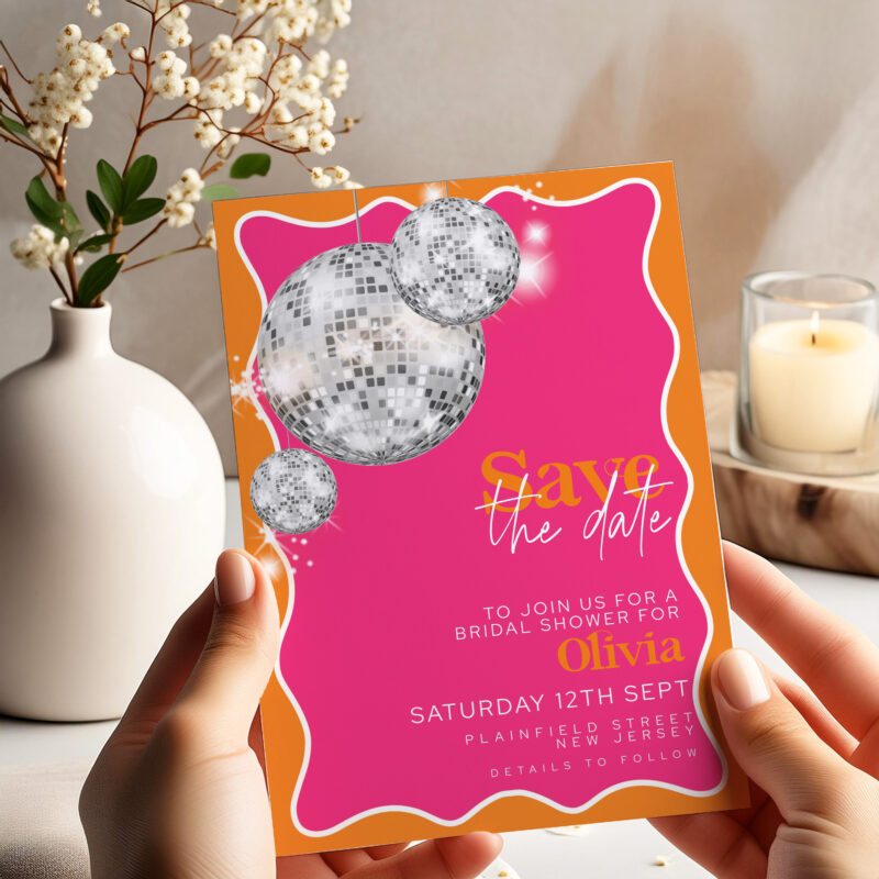 Disco Bridal Shower Save the Date – Pink & Orange Save The Date