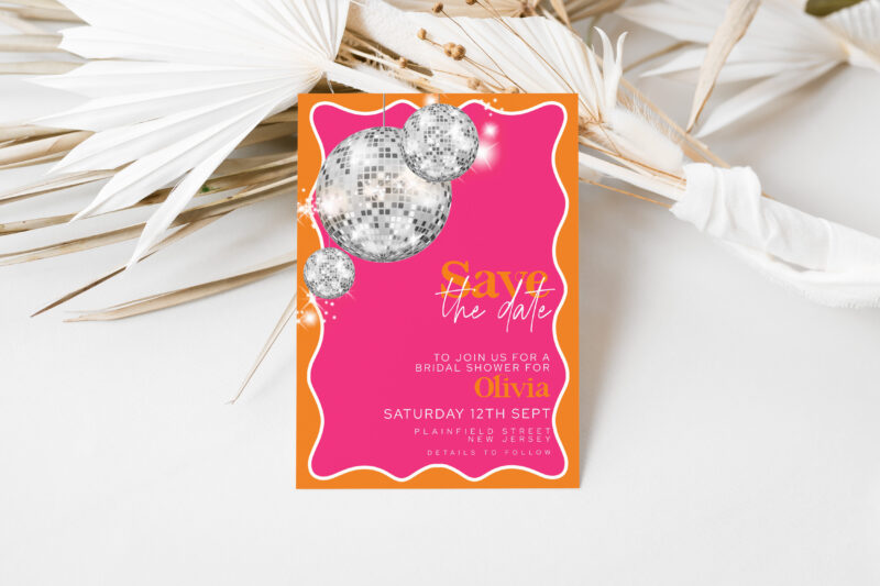 Disco Bridal Shower Save the Date – Pink & Orange Save The Date