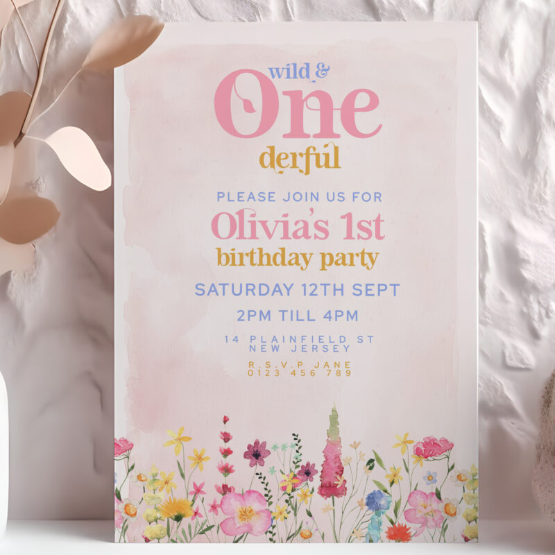 Editable Wild One 1st birthday invitation with watercolor flowers and pink background