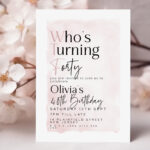 Editable 40th birthday invitation with “Who’s Turning Forty” text and blush pink watercolor background