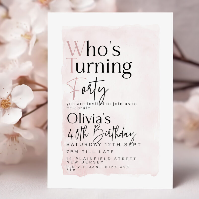 Editable 40th birthday invitation with “Who’s Turning Forty” text and blush pink watercolor background