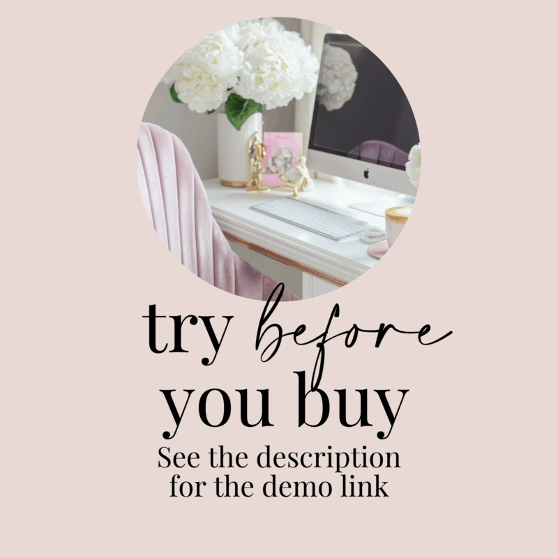 Soft pink design showing a stylish desk setup with the text "Try before you buy – See the description for the demo link."