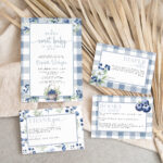 Blueberry-themed baby shower bundle with invitation, thank you card, diaper raffle, and books for baby insert in blue gingham design