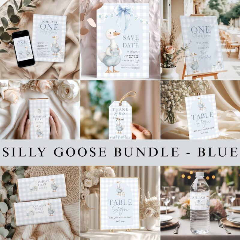 Blue gingham 1st birthday party bundle with editable goose-themed invitation, save the date, table signs, candy wrappers, and water bottle label