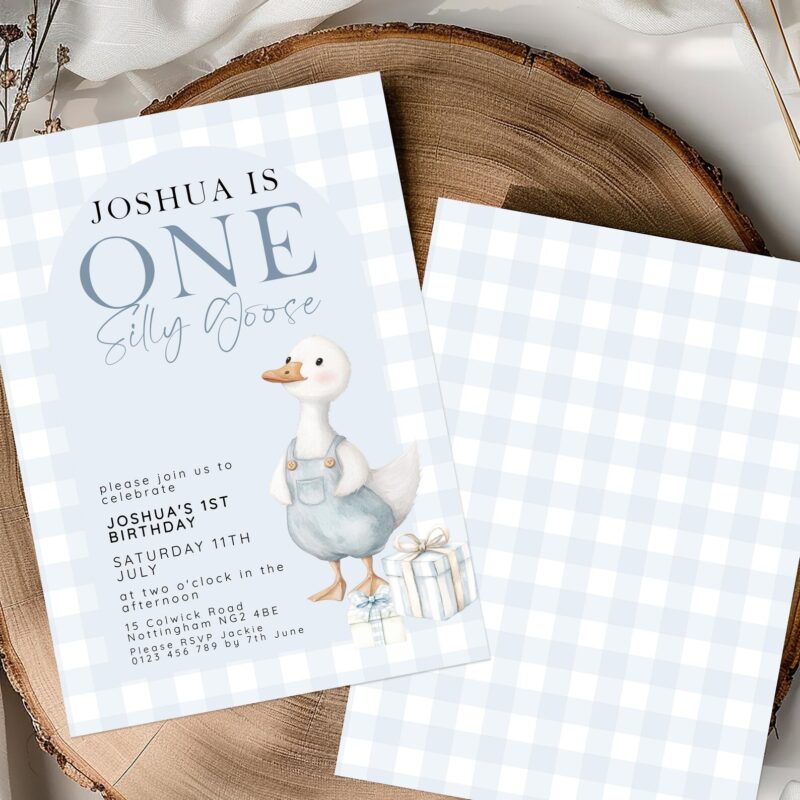 Blue Silly Goose 1st Birthday Invite – Editable Birthday Invitations