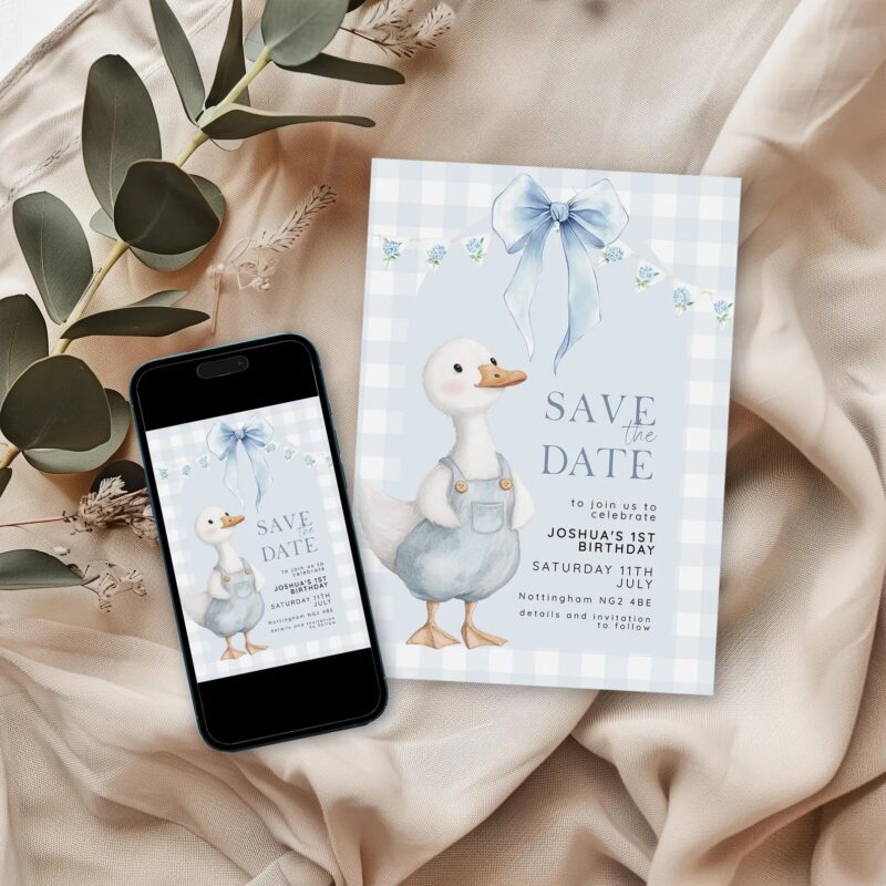 Editable blue gingham save the date invitation with a goose in overalls and bunting, displayed on wood background with matching back design.