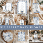 Collage of editable blueberry baby shower items including invitation, signs, thank you card, and favor decor with gingham and berry theme