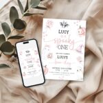 Editable pink Halloween 1st birthday invitation with ghosts, pumpkins, and lollipops shown with matching phone version