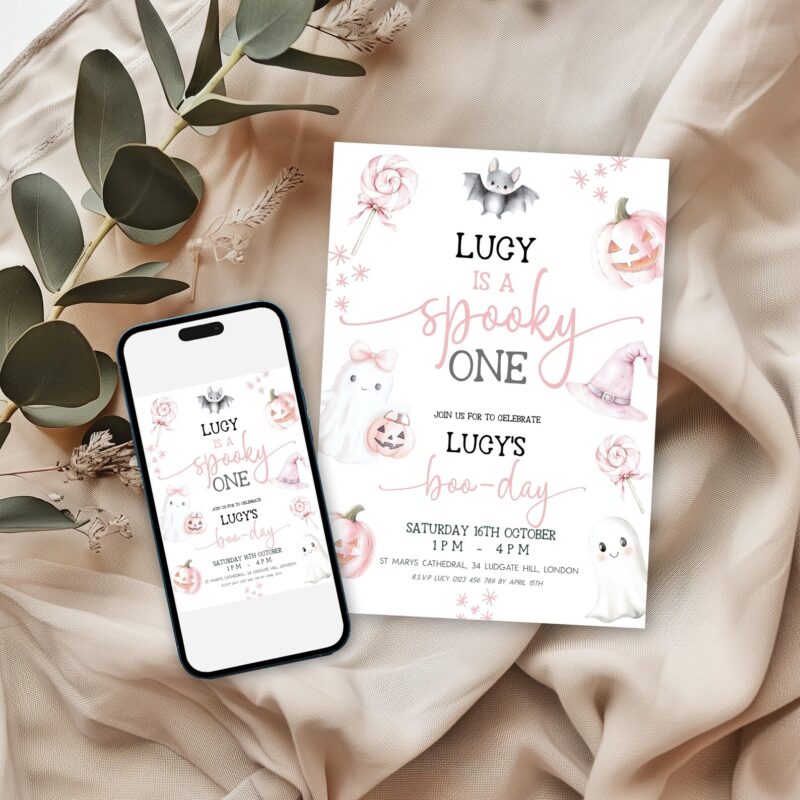 Editable pink Halloween 1st birthday invitation with ghosts, pumpkins, and lollipops shown with matching phone version