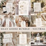 Beige gingham birthday party bundle with goose-themed invite, signage, labels, tags, and wrappers for a neutral 1st birthday